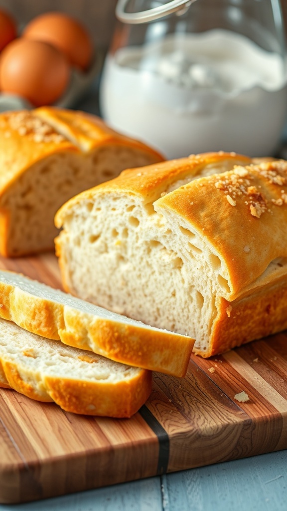 Gluten-Free Bread for Stuffing Recipe Freshly baked gluten-free bread loaf sliced on a cutting board, with ingredients in the background.
